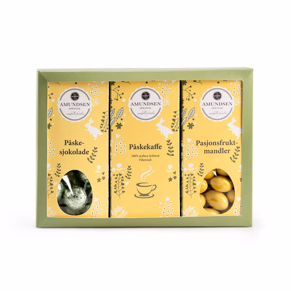 Påskeeske- Pasjonsfruktmandler, sjokoladekuler og påskekaffe.  