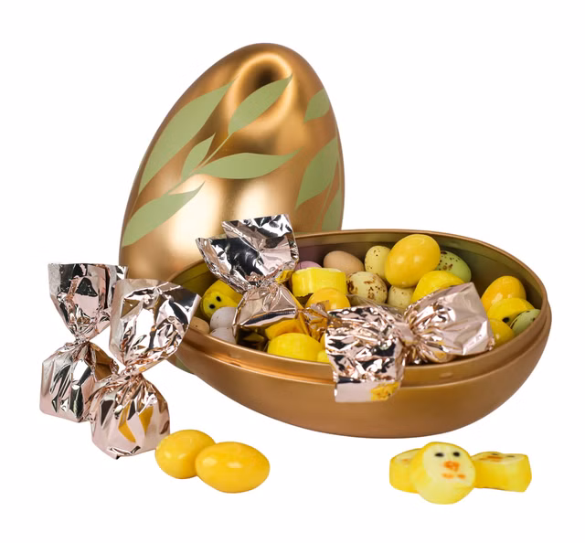 Påskeegg - Gull med grønne blader (fylt med påskesnop) 