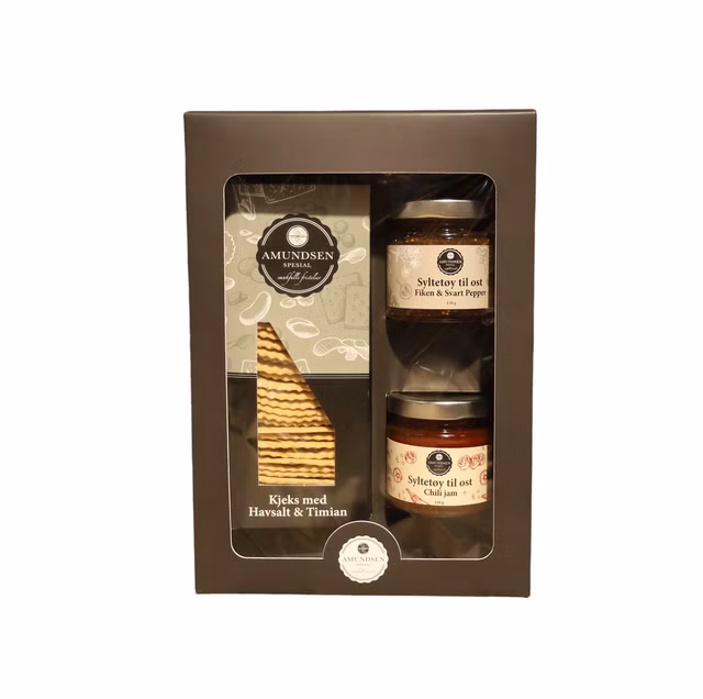 Gaveeske - Chili jam, Fikensyltetøy med sort pepper og Amundsen Kjeks