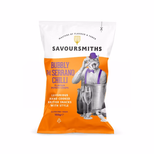Savoursmiths potetchips med bubbly & serrano chilipeppersmak,150g 